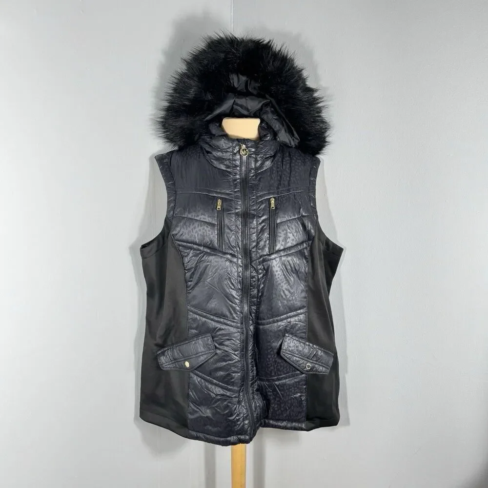 Michael Kors Sz 3XL Puffer Vest Faux Fur Detachable Hood Black Gold Hardware